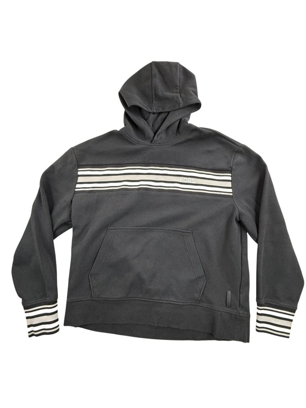 Michael Kors Hoodie Mens XL Black Stripe Logo Fleece Kangaroo Pullover Front Y2K